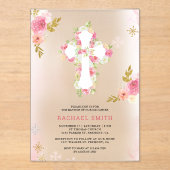 ほんのりピンク ゴールド 水彩 花 モチーフ 洗礼 アクリル招待状 (正面)