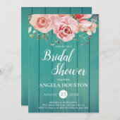 ほんのりピンク ティール ブルー 花 水彩 シャワー 招待状 (正面/裏面)