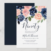 ほんのりピンク & ネイビー 水彩 90歳の誕生日 招待状 (正面/裏面)