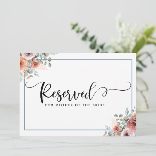 ほんのりピンク、ピーチ、ダスティーブルーの花柄予約カード 案内状 (スタンド正面)