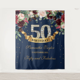 ほんのりピンク ワインレッド ネイビー 花柄 ボヘミアンスタイル 50歳の誕生日 タペストリー