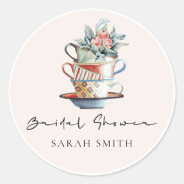 ほんのり色づく重ねたカップの花束 ブライダルシャワーティーパーティー ラウンドシール