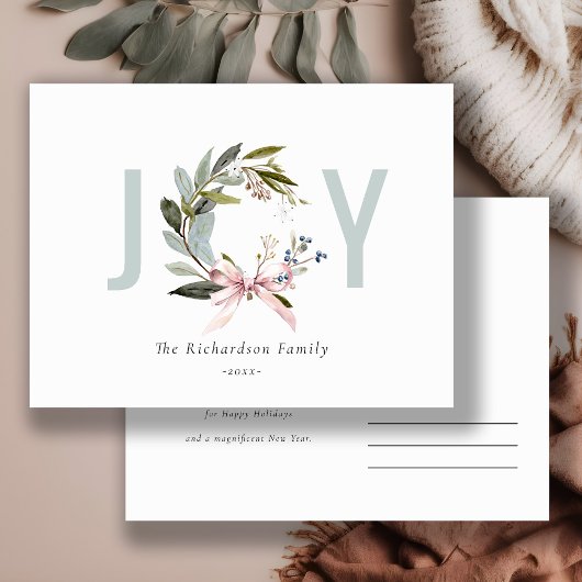 ほんのり青緑の冬のクリスマスリース ホリデー シーズンポストカード
