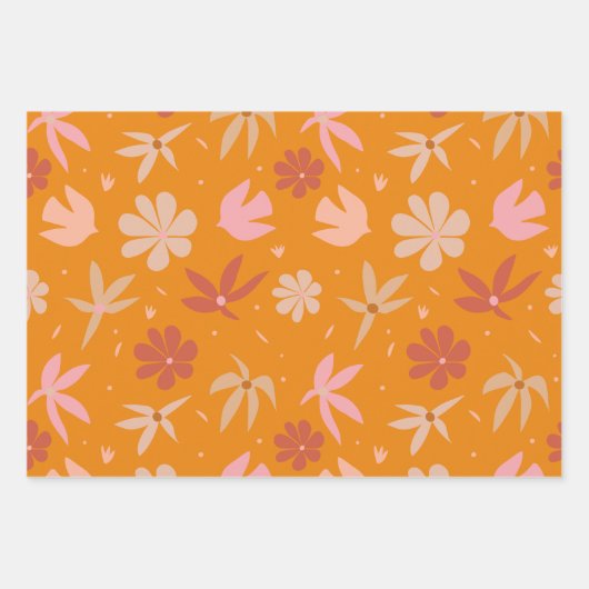 ぼう鳥と花オレンジとピンクの模様 ラッピングペーパーシート (正面3)
