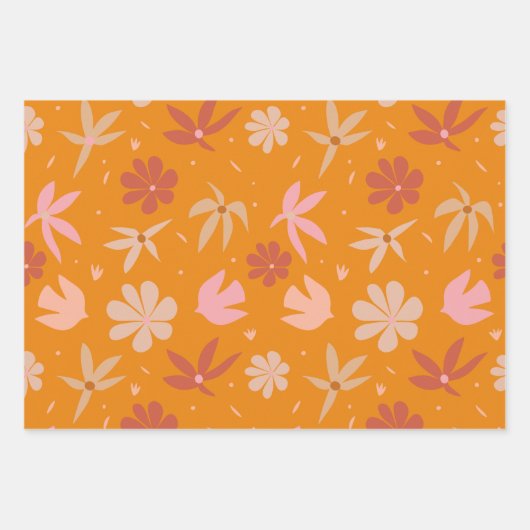 ぼう鳥と花オレンジとピンクの模様 ラッピングペーパーシート (正面2)