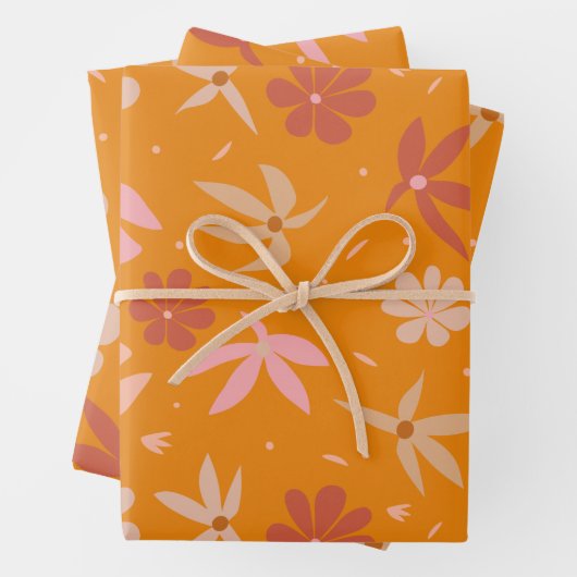 ぼう鳥と花オレンジとピンクの模様 ラッピングペーパーシート (インサイチュ)