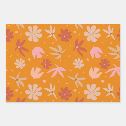 ぼう鳥と花オレンジとピンクの模様 ラッピングペーパーシート (正面)