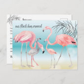 ぼけ効果のビーチにピンクのフラミンゴファミリー 新しい住所 案内ポストカード (正面/裏面)