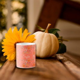 ぼほ素朴な花の水彩模様オレンジ コーヒーマグカップ