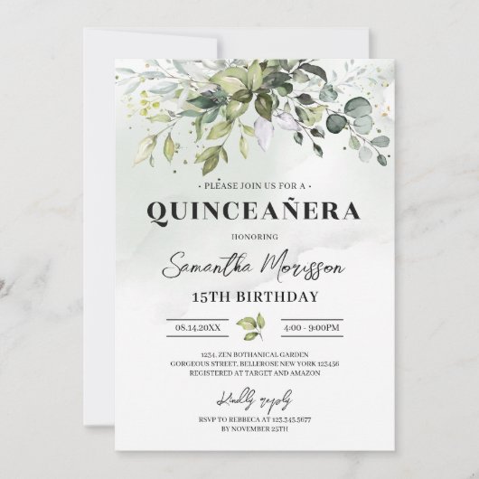 ぼほ緑の葉キンセアニェラ15歳の誕生日 招待状 (正面)