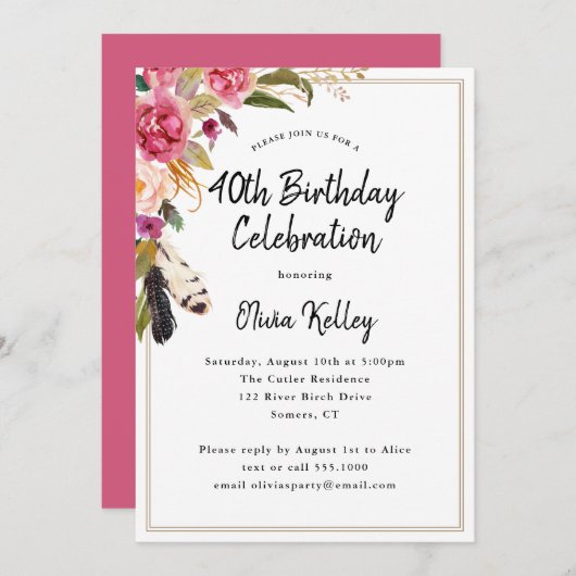 ぼほ花と羽素朴40歳の誕生日 招待状 (正面/裏面)
