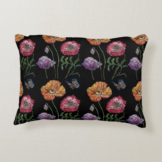 ぼろぼろのオレンジ色と紫色と黄色のポピー飾りクッション アクセントクッション (裏面)