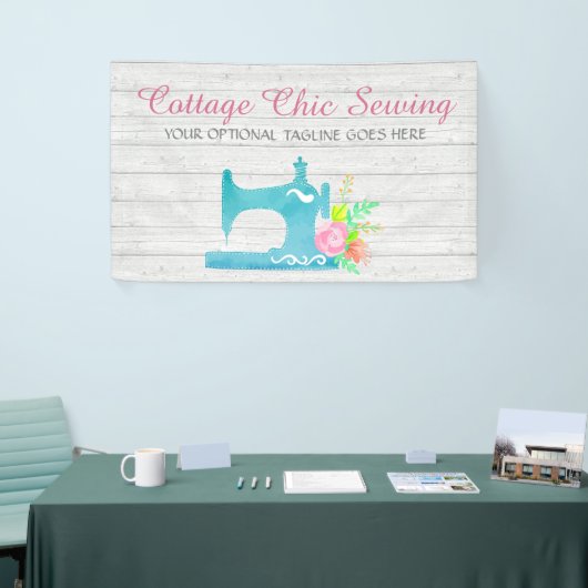 ぼろぼろのコテージのシックなミシン素朴な木 横断幕 (トレードショー)