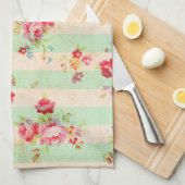 ぼろぼろのシックでガーリーで赤い緑バラのストライプパターン キッチンタオル (四つ折り)