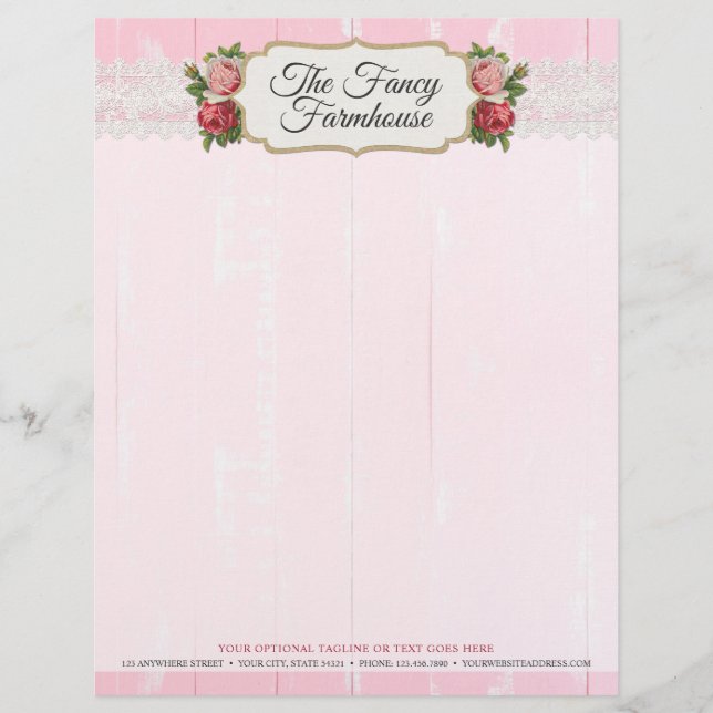 ぼろぼろのシックで素朴な木製のピンクの花のヴィンテージのバラ レターヘッド (正面)
