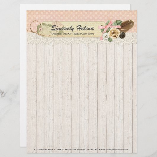 ぼろぼろのシックで素朴な木、ヴィンテージのレース及び羽 レターヘッド (正面/裏面)