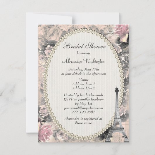 ぼろぼろのシックなエッフェル塔及びバラのブライダルシャワー 招待状 (裏面)
