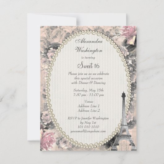 ぼろぼろのシックなエッフェル塔及びバラの菓子16 招待状 (裏面)