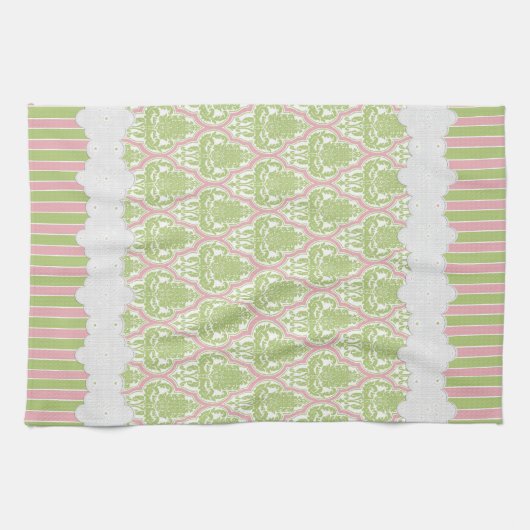 ぼろぼろのシックなダマスク織の緑及び正式のパーティー キッチンタオル (横)