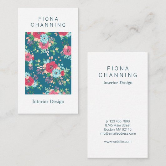 ぼろぼろのシックなティール（緑がかった色）及びピンクのバラパターン 名刺 (正面/裏面)