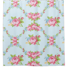 ぼろぼろのシックなバラの花輪、青、ガーリーなビクトリア時代の人 シャワーカーテン