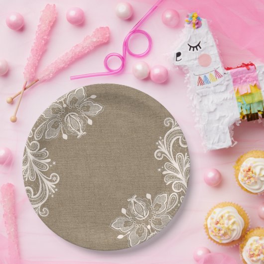 ぼろぼろのシックなバーラップおよびレースのシックな紙皿 ペーパープレート (パーティー)