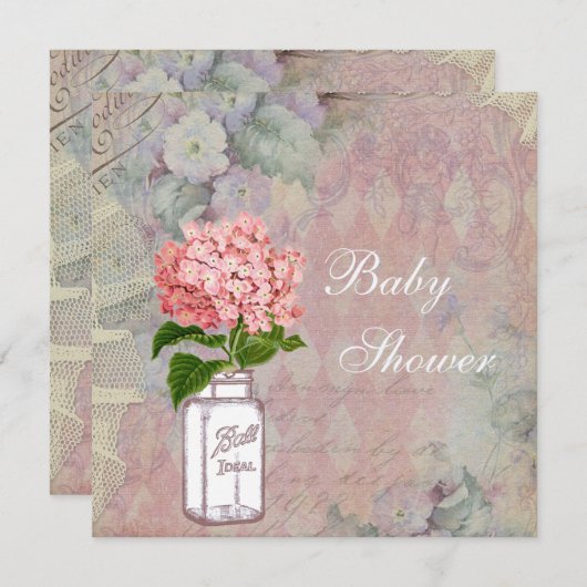 ぼろぼろのシックなメーソンジャー及びアジサイのベビーシャワー 招待状 (正面/裏面)