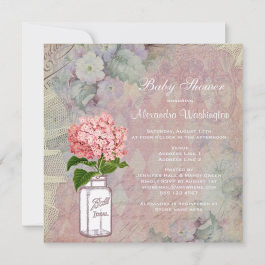 ぼろぼろのシックなメーソンジャー及びアジサイのベビーシャワー 招待状 (裏面)