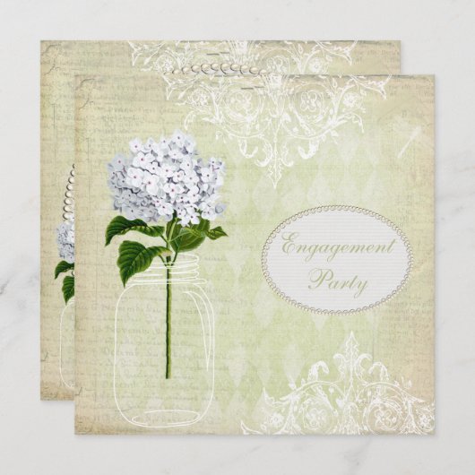 ぼろぼろのシックなメーソンジャー及びアジサイの婚約 招待状 (正面/裏面)