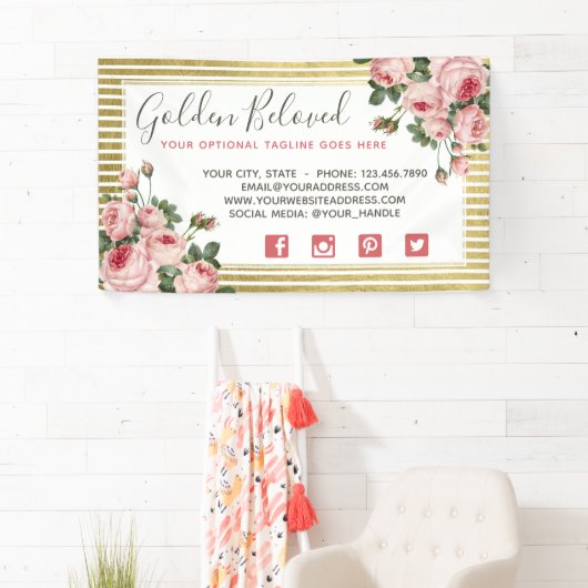 ぼろぼろのシックなヴィンテージのバラ及びモダンな金ゴールドは縞で飾ります 横断幕 (インサイチュ)