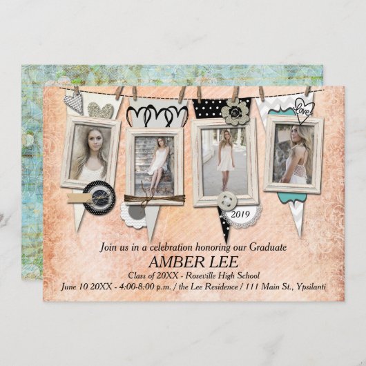 ぼろぼろのシックな写真の卒業のパーティの招待状 招待状 (正面/裏面)