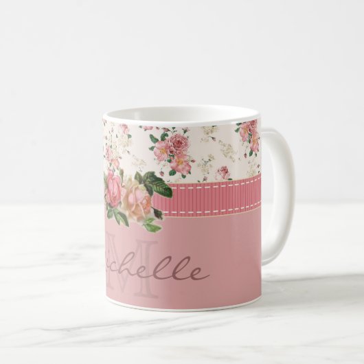 ぼろぼろのシックな名前をカスタムする及びモノグラムの花柄 コーヒーマグカップ (正面右)