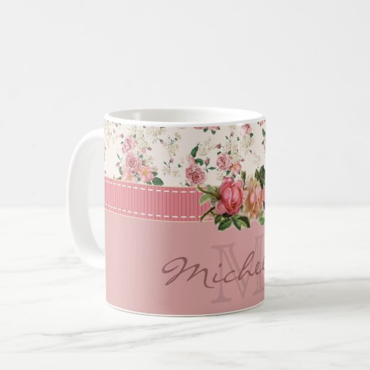 ぼろぼろのシックな名前をカスタムする及びモノグラムの花柄 コーヒーマグカップ (正面左)