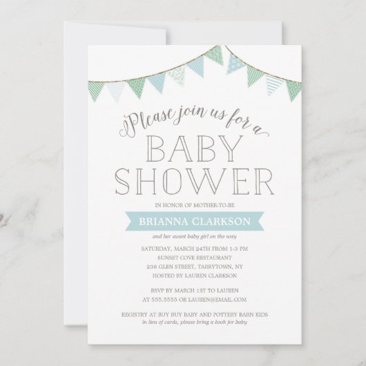 ぼろぼろのシックな旗の青|のベビーシャワーの招待状 招待状 (正面)