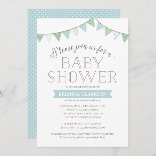 ぼろぼろのシックな旗の青|のベビーシャワーの招待状 招待状 (正面/裏面)