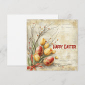 ぼろぼろのシックな水彩画のイースターエッグと黄色のチューリップ シーズンカード (正面/裏面)