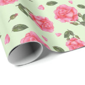 ぼろぼろのシックな水彩画のピンクのバラの花柄パターン ラッピングペーパー (ロールコーナー)