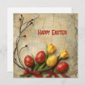 ぼろぼろのシックな水彩画の赤と黄色のイースターエッグ シーズンカード (正面/裏面)