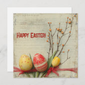 ぼろぼろのシックな水彩画の赤と黄色のイースターエッグ シーズンカード (正面/裏面)