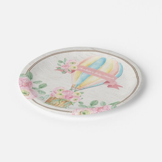 ぼろぼろのシックな熱気の気球のピンクの花のシャワー ペーパープレート (アングル)