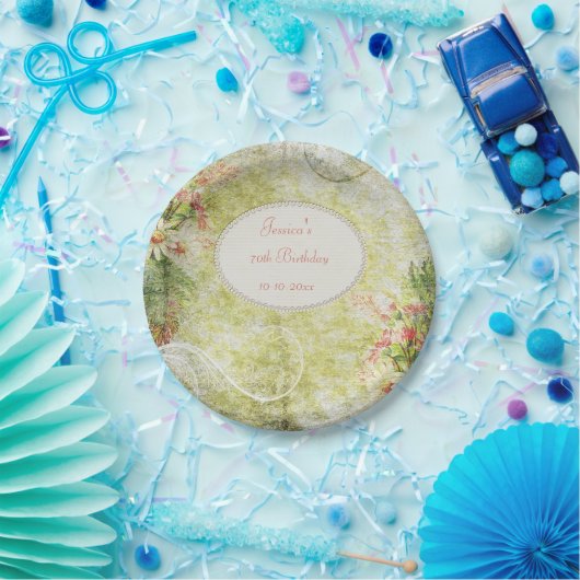 ぼろぼろのシックな菓子の第70誕生日及び野生の花 ペーパープレート (パーティー)
