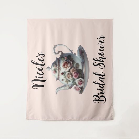 ぼろぼろのピンクのバラの蔓の花のウェディング ティー シャワー タペストリー (正面)