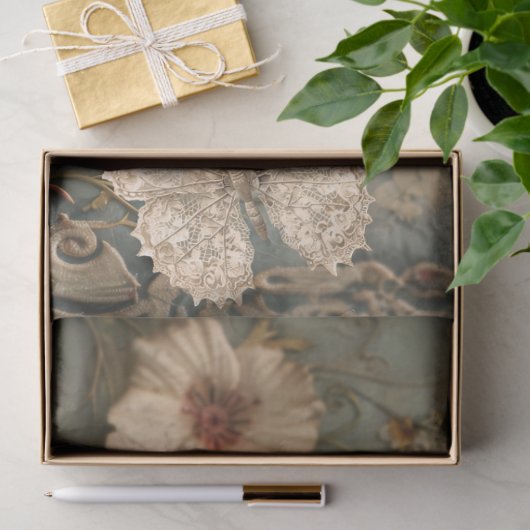 ぼろぼろのフローラ、レース蝶、ほこりっぽいブルー&ピンク 薄葉紙 (ギフト)