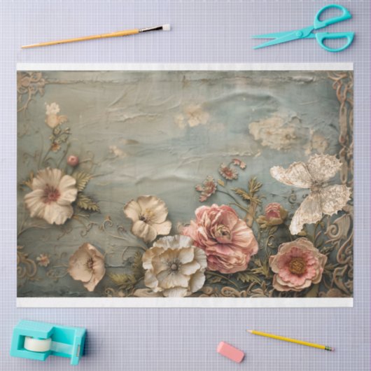 ぼろぼろのフローラ、レース蝶、ほこりっぽいブルー&ピンク 薄葉紙 (クラフト)