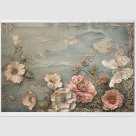 ぼろぼろのフローラ、レース蝶、ほこりっぽいブルー&ピンク 薄葉紙 (正面)