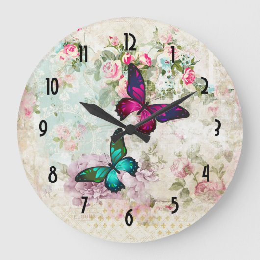ぼろぼろのヴィンテージのバラのピンクおよび緑の蝶 ラージ壁時計 (正面)