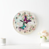 ぼろぼろのヴィンテージのバラのピンクおよび緑の蝶 ラージ壁時計 (ホーム)