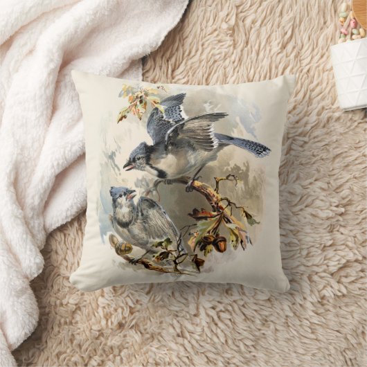 ぼろぼろのヴィンテージの花アイボリーの茶色の水彩画の鳥 クッション (ブランケット)