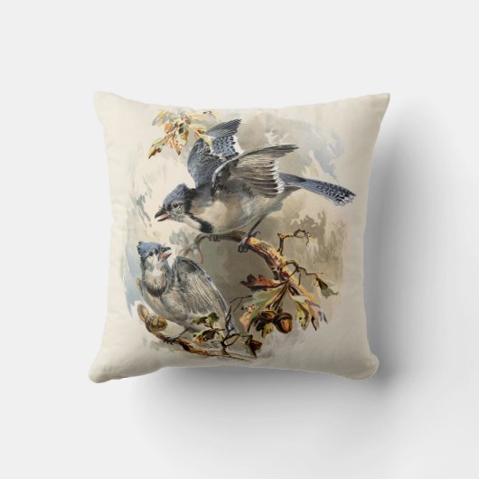 ぼろぼろのヴィンテージの花アイボリーの茶色の水彩画の鳥 クッション (裏面)