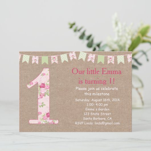 ぼろぼろの上品およびバーラップの最初誕生日の招待状 招待状 (スタンド正面)